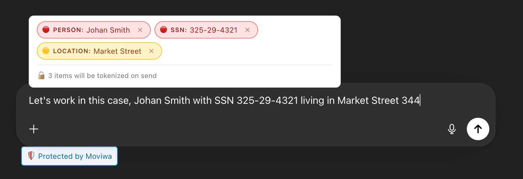 Moviwa intercepting sensitive data before it is sent to an AI service