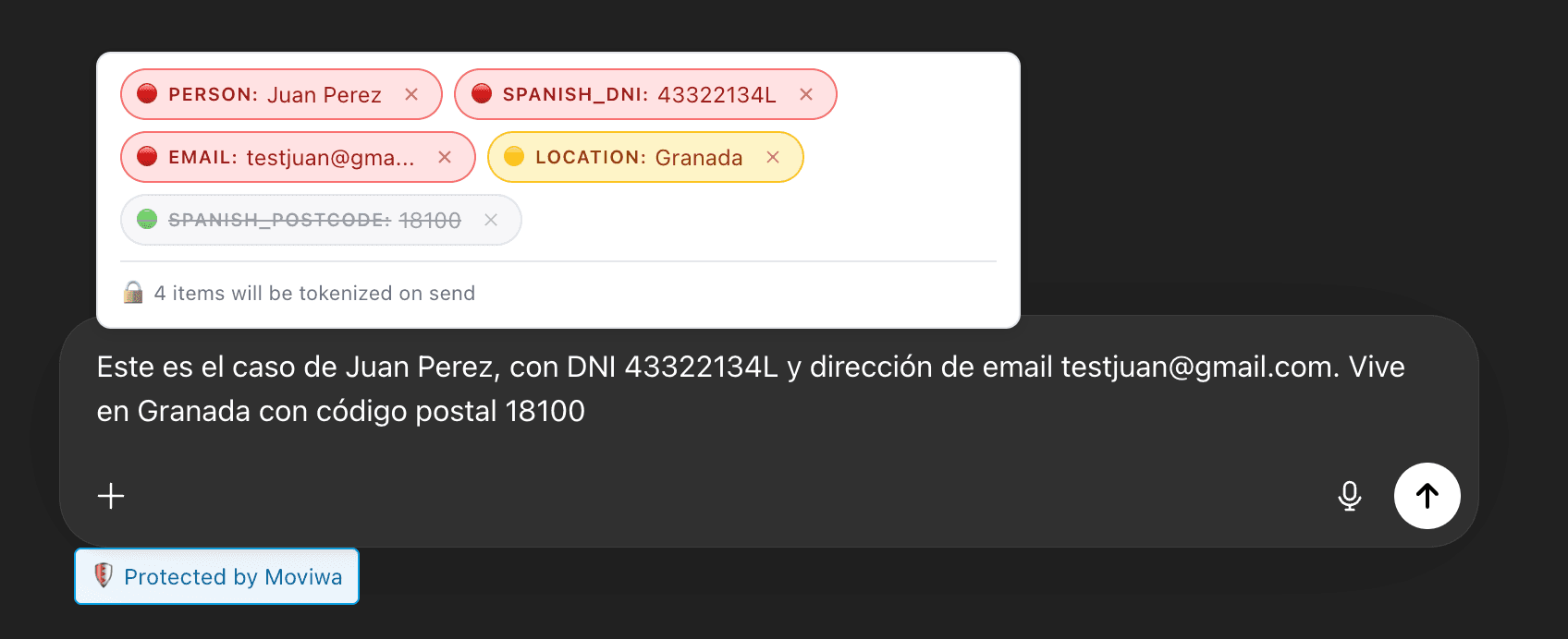 Aviso de Moviwa interceptando datos sensibles antes de enviarlos a una IA